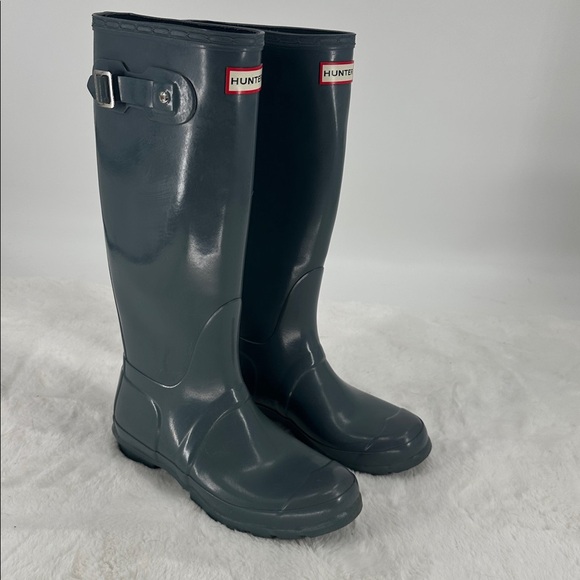 Hunter Gray Gloss Tall Rain Boots Size 7 - Picture 1 of 8